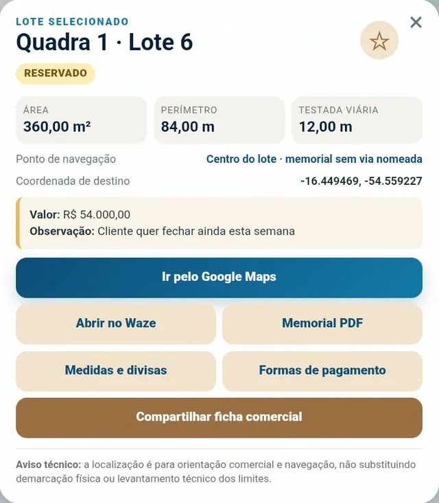 App do corretor: ficha do lote com área, perímetro, testada, valor e botões para Google Maps, Waze, memorial e formas de pagamento