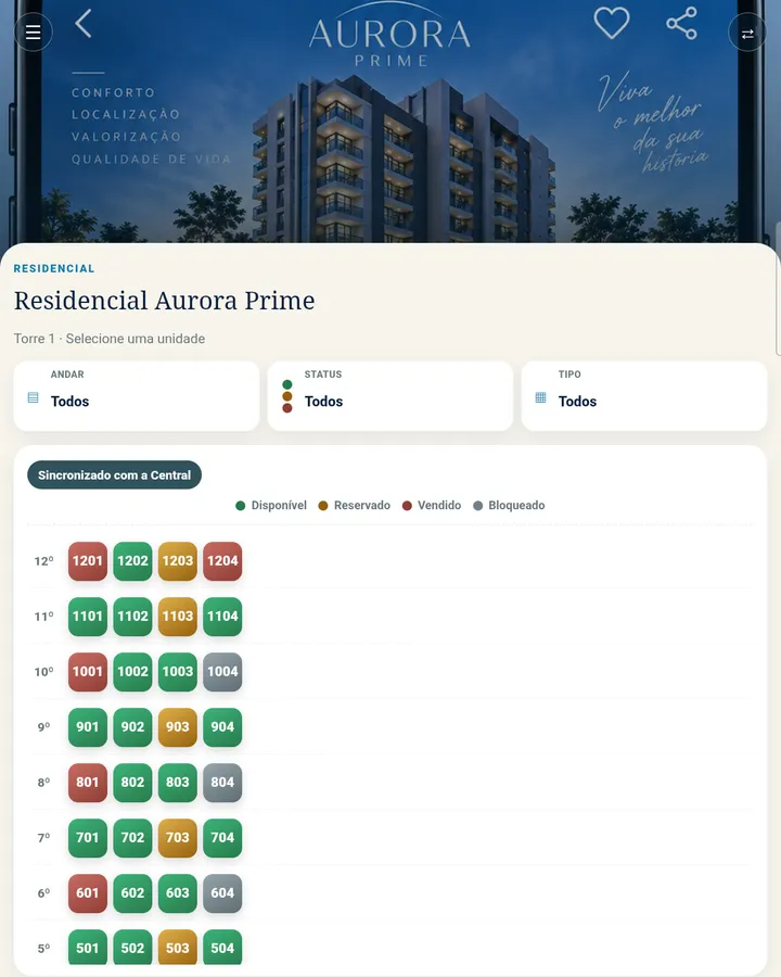 App do corretor: mapa do prédio com os andares empilhados e cada unidade colorida por situação
